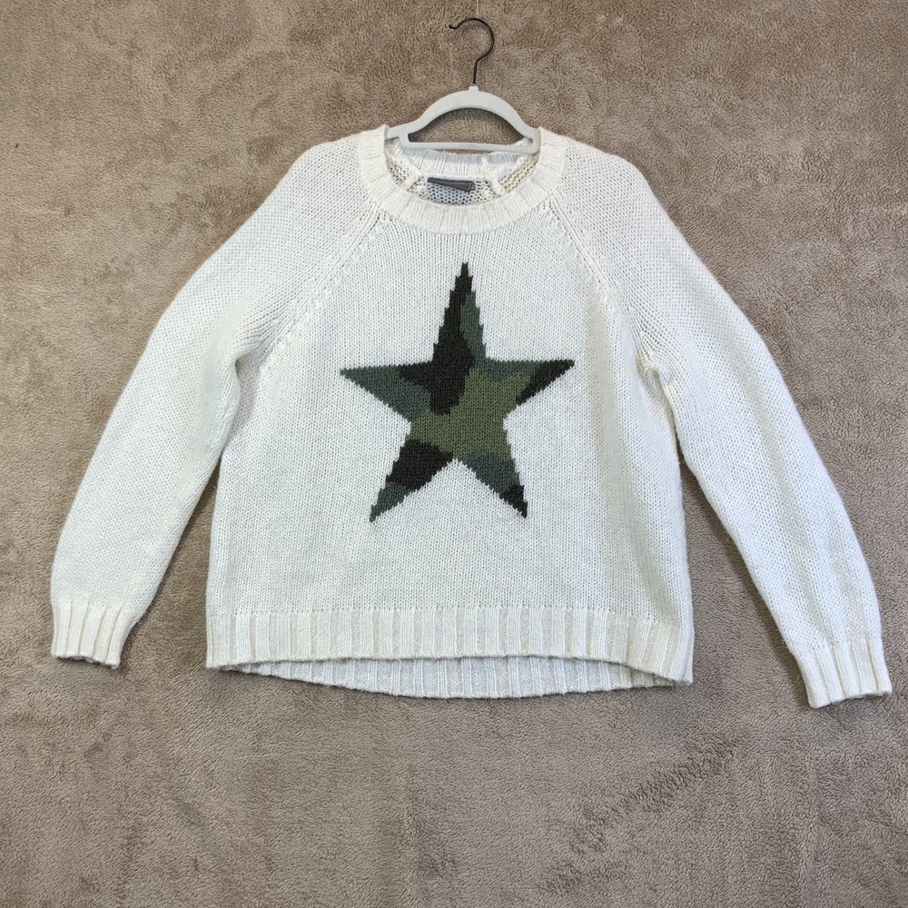 Wooden Ships Paola Brenda Camo Star Raglan Crew Ivory Sweater Pullover Sz M/L